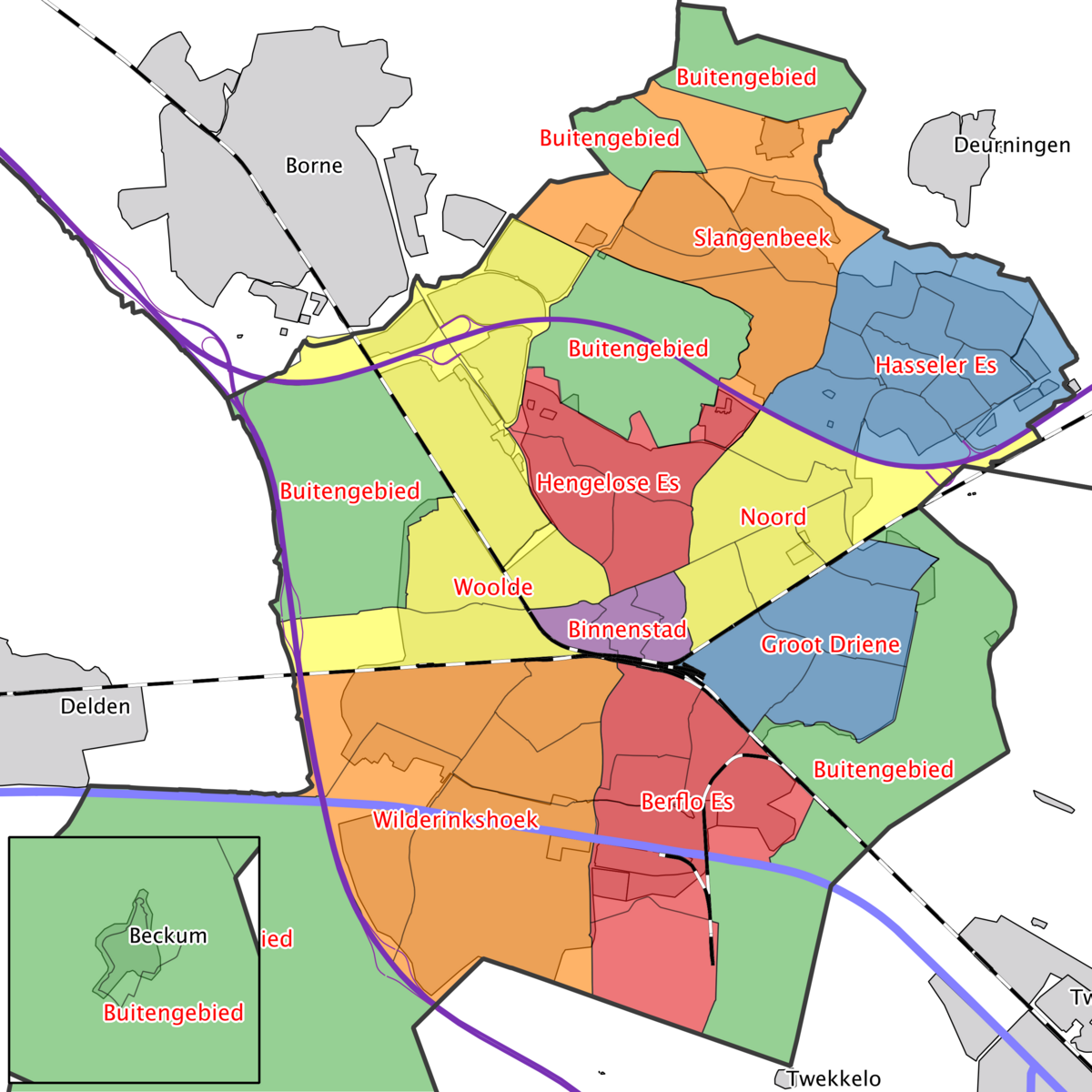 Werkgebied kaart van Hengelo met alle wijken waarin Autosleutel aan Huis actief is